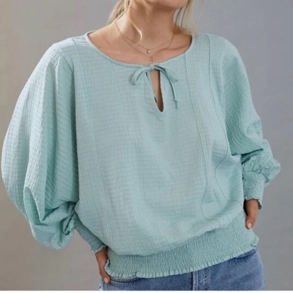Anthropologie Rebecca Long Sleeve Smocked Waist Top Mint Green Size L - Picture 1 of 7
